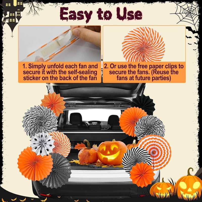 JUYRLE Halloween Trunk or Treat Car Kit - 42Pcs Car and Garage Door Decorations With Banner, Paper Fans, Foil Balloons, Tassel Kits - Image 3